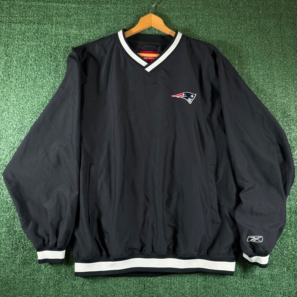 Reebok Windbreaker Mens Large Black Good Patriots V-Neck Pullover Jacket